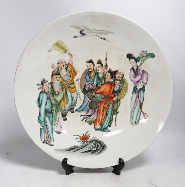 A large Chinese famille rose saucer dish, 35cm diameter. Condition - good